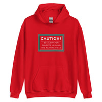 red unisex hoodie sweatshirt with design of Fenway park infield red caution warning in white text