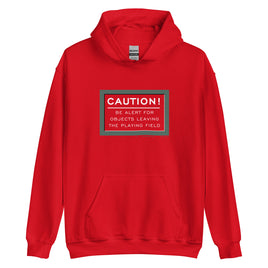 red unisex hoodie sweatshirt with design of Fenway park infield red caution warning in white text