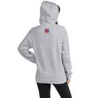 photo of the back of woman wearing grey unisex hoodie sweatshirt with the red seat building character design of the boston red sox fenway park.