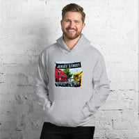 photo of man wearing light grey unisex hoodie sweatshirt with boston red sox fenway park jersey street gate a design with blocks of color