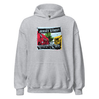 photo of light grey unisex hoodie sweatshirt with boston red sox fenway park jersey street gate a design with blocks of color