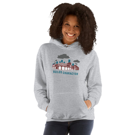 photo of woman wearing grey unisex hoodie sweatshirt with the red seat building character design of the boston red sox fenway park.