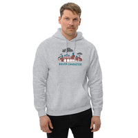 photo of man wearing grey unisex hoodie sweatshirt with the red seat building character design of the boston red sox fenway park.