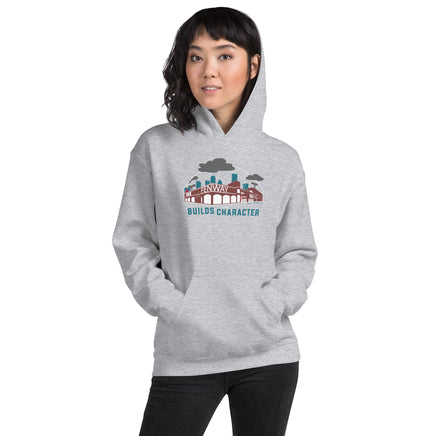 photo of woman wearing grey unisex hoodie sweatshirt with the red seat building character design of the boston red sox fenway park.