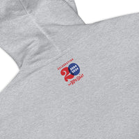 photo of back of grey unisex hoodie sweatshirt with the red seat building character design of the boston red sox fenway park.