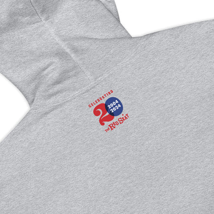 photo of back of grey unisex hoodie sweatshirt with the red seat building character design of the boston red sox fenway park.