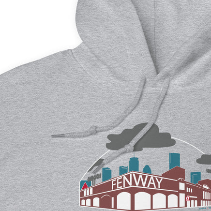 close up photo of grey unisex hoodie sweatshirt with the red seat building character design of the boston red sox fenway park.