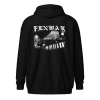 Back of the Fenway Gothic zip hoodie: Fenway Park at night under the light towers with FENWAY in gothic blackletter