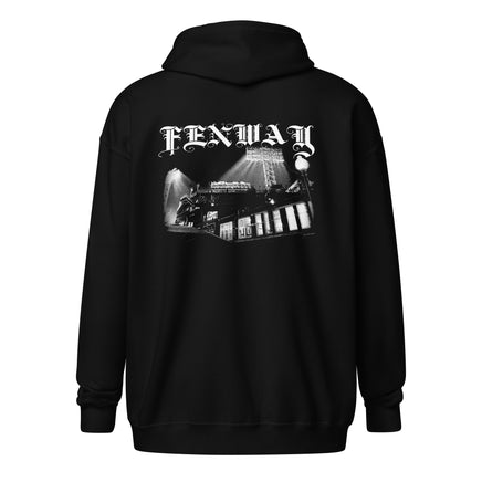 Back of the Fenway Gothic zip hoodie: Fenway Park at night under the light towers with FENWAY in gothic blackletter