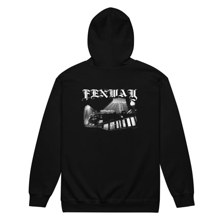 Back of the Fenway Gothic zip hoodie with the hood up, full Fenway Park night photo print