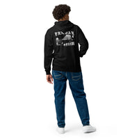 Man wearing the Fenway Gothic zip hoodie, back view showing the Fenway Park print