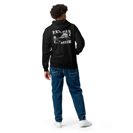 Man wearing the Fenway Gothic zip hoodie, back view showing the Fenway Park print