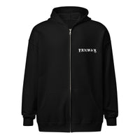 Fenway Gothic zip hoodie in black, front view with a small blackletter FENWAY on the chest