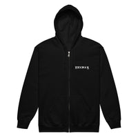 Fenway Gothic zip hoodie with the hood up, front view