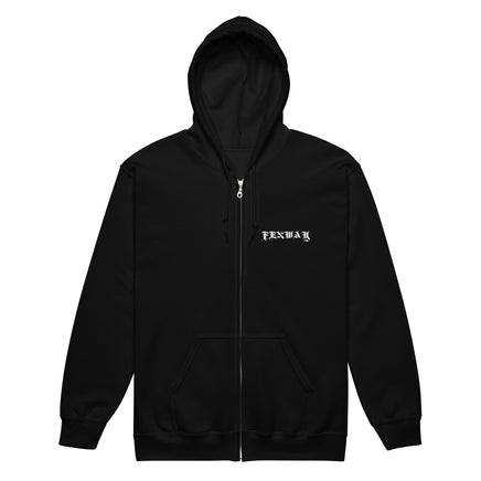 Fenway Gothic zip hoodie with the hood up, front view