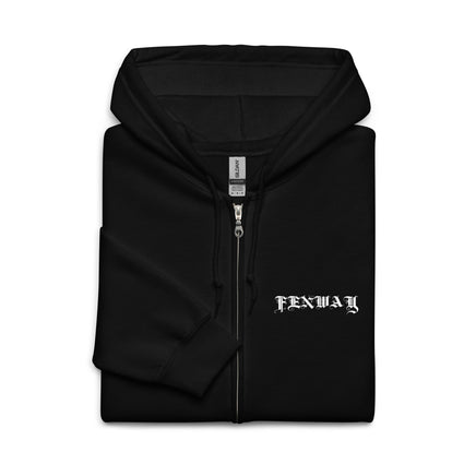 Fenway Gothic zip hoodie folded, showing the blackletter FENWAY chest print