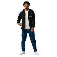 Man wearing the Fenway Gothic zip hoodie open over a white tee