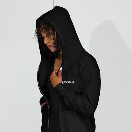 Woman wearing the Fenway Gothic zip hoodie with the hood up