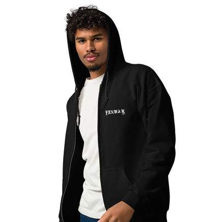 Man wearing the Fenway Gothic zip hoodie, close front view with the blackletter FENWAY chest print