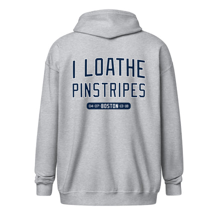Large navy and white I Loathe Pinstripes Boston back print on grey zip hoodie
