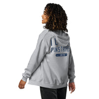 Back view of Yankees-rival I Loathe Pinstripes zip hoodie in sport grey and navy