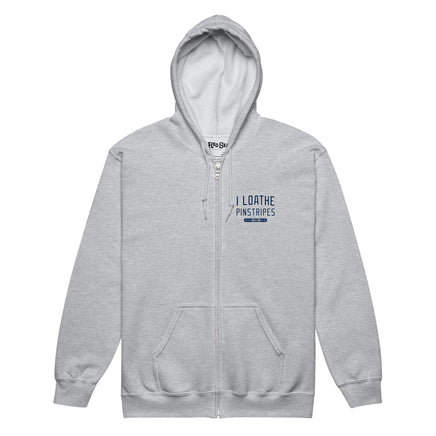 I Loathe Pinstripes Red Sox zip hoodie, sport grey with navy left chest print, The Red Seat