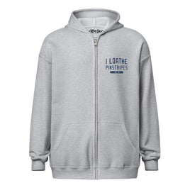 Grey I Loathe Pinstripes zip hoodie front with Boston World Series years chest graphic