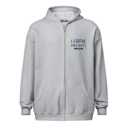 Grey I Loathe Pinstripes zip hoodie front with Boston World Series years chest graphic