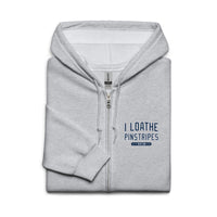 Front of grey I Loathe Pinstripes full-zip hoodie with small navy chest graphic