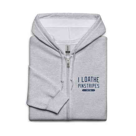 Front of grey I Loathe Pinstripes full-zip hoodie with small navy chest graphic