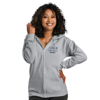 I Loathe Pinstripes zip-up hoodie front view, grey fleece with navy lettering