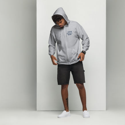 Front view of The Red Seat I Loathe Pinstripes zip hoodie in sport grey