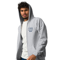 Left front angle of grey I Loathe Pinstripes Red Sox zip hoodie with navy chest print