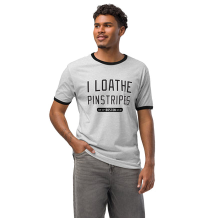 Front view of I Loathe Pinstripes ringer t-shirt, heather gray with black collar and sleeve trim, Boston World Series years