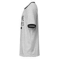 Side view of heather gray I Loathe Pinstripes ringer t-shirt with black contrast sleeve trim