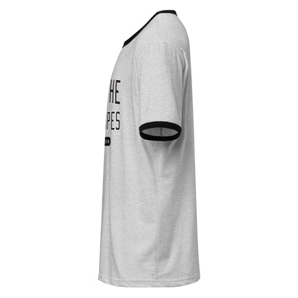 Side view of heather gray I Loathe Pinstripes ringer t-shirt with black contrast sleeve trim