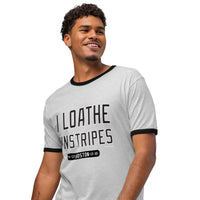 Left front angle of heather gray I Loathe Pinstripes Red Sox ringer tee with black trim