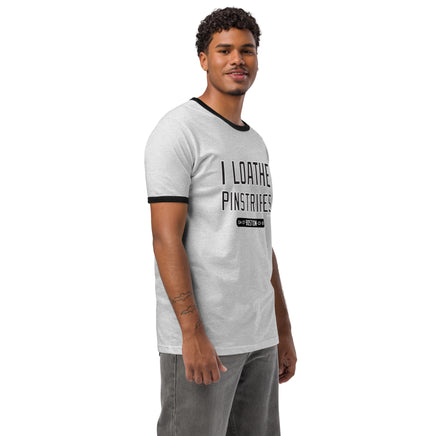 Right front angle of I Loathe Pinstripes Yankees-rival ringer shirt in heather gray and black