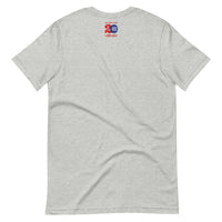 photo of the back of grey unisex t-shirt with the red seat building character design of the boston red sox fenway park.