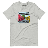 photo of light grey t-shirt with boston red sox fenway park jersey street gate a design with blocks of color
