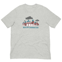 photo of grey unisex t-shirt with the red seat building character design of the boston red sox fenway park.