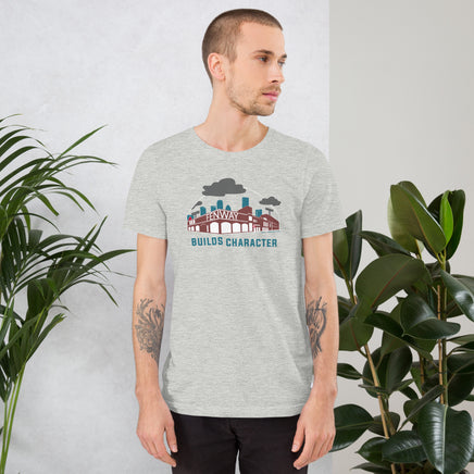 photo of man wearing grey unisex t-shirt with the red seat building character design of the boston red sox fenway park.