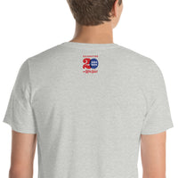 photo of the back of man wearing grey unisex t-shirt with the red seat building character design of the boston red sox fenway park.