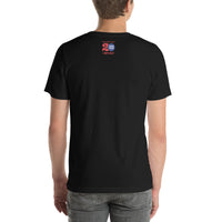 back of man wearing black t-shirt with the red seat 20th anniversary logo remastered