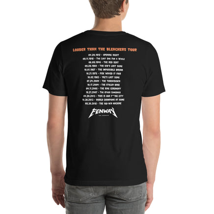 man wearing Back of black t-shirt reading "Louder Than the Bleachers Tour" in orange distressed lettering, with 15 significant Red Sox dates and events listed in tour date format, including Opening Night 1912 through the 108-Win Machine in 2018, with "FENWAY" logo at the bottom
