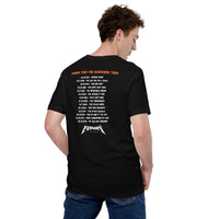 person wearing Back of black t-shirt reading "Louder Than the Bleachers Tour" in orange distressed lettering, with 15 significant Red Sox dates and events listed in tour date format, including Opening Night 1912 through the 108-Win Machine in 2018, with "FENWAY" logo at the bottom