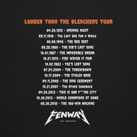 Back of black t-shirt reading "Louder Than the Bleachers Tour" in orange distressed lettering, with 15 significant Red Sox dates and events listed in tour date format, including Opening Night 1912 through the 108-Win Machine in 2018, with "FENWAY" logo at the bottom