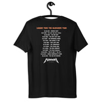 Back of black t-shirt reading "Louder Than the Bleachers Tour" in orange distressed lettering, with 15 significant Red Sox dates and events listed in tour date format, including Opening Night 1912 through the 108-Win Machine in 2018, with "FENWAY" logo at the bottom