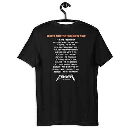 Back of black t-shirt reading "Louder Than the Bleachers Tour" in orange distressed lettering, with 15 significant Red Sox dates and events listed in tour date format, including Opening Night 1912 through the 108-Win Machine in 2018, with "FENWAY" logo at the bottom