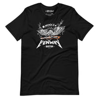 Black unisex t-shirt featuring a heavy metal-style graphic of a screaming eagle with spread wings gripping a flaming baseball bat, with the word "FENWAY" in Metallica-inspired lettering, "BOSTON" below, and "MCMXII" in Roman numerals above — The Red Seat original design
